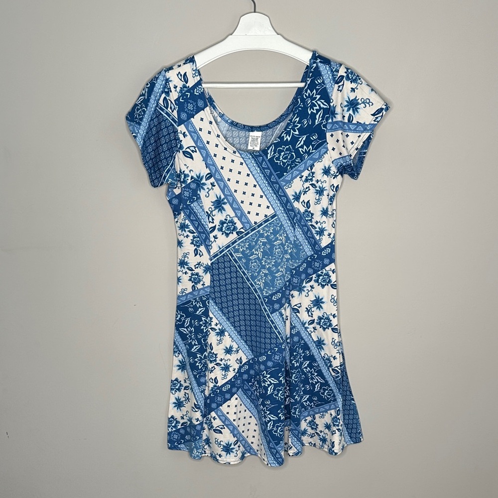 Blue and Cream Patchwork Mini Dress